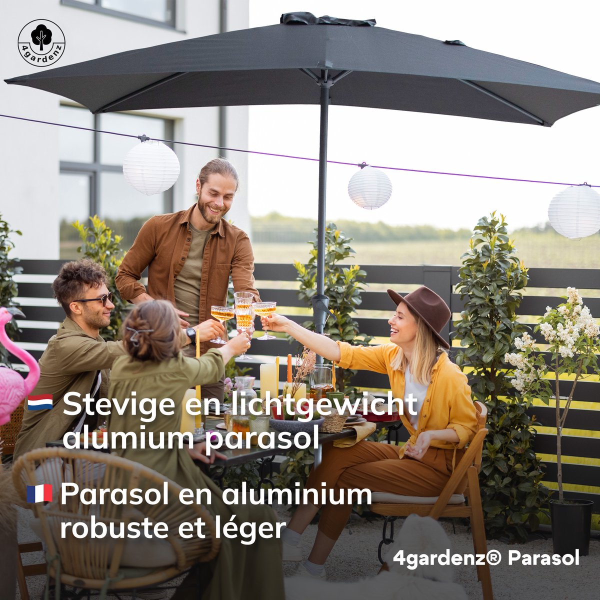 Stevige en lichtgewicht aluminium parasol in gebruik, NL en FR