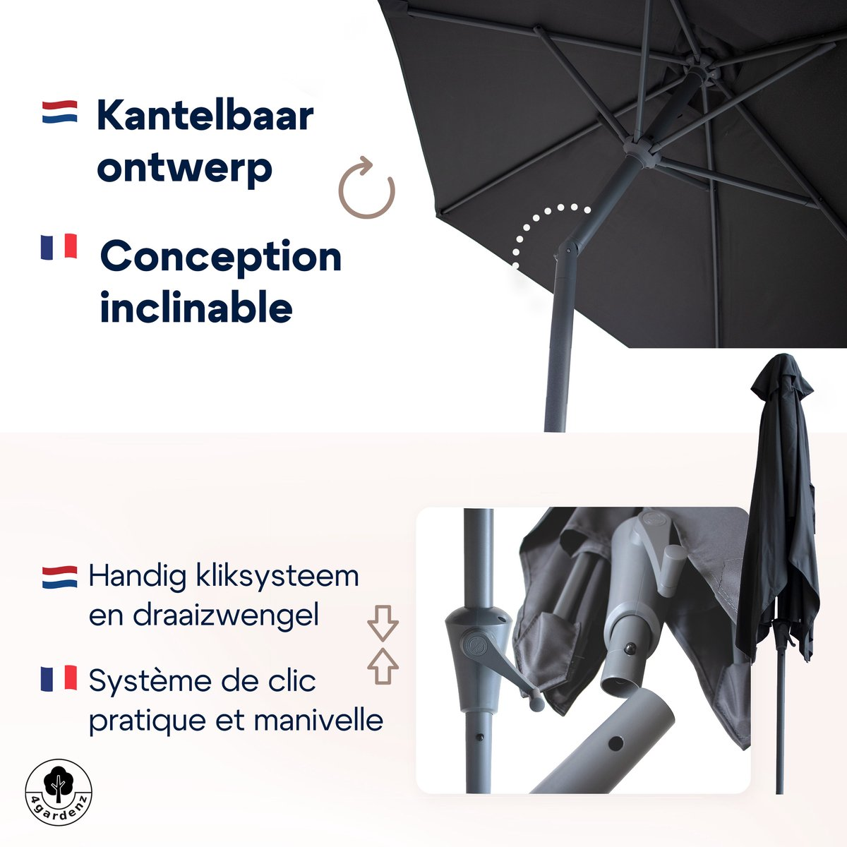 Kantelbaar ontwerp en handig kliksysteem met draaizwengel, NL en FR
