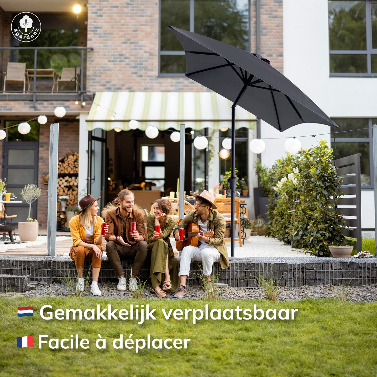 Gemakkelijk verplaatsbare parasol op het terras, NL en FR