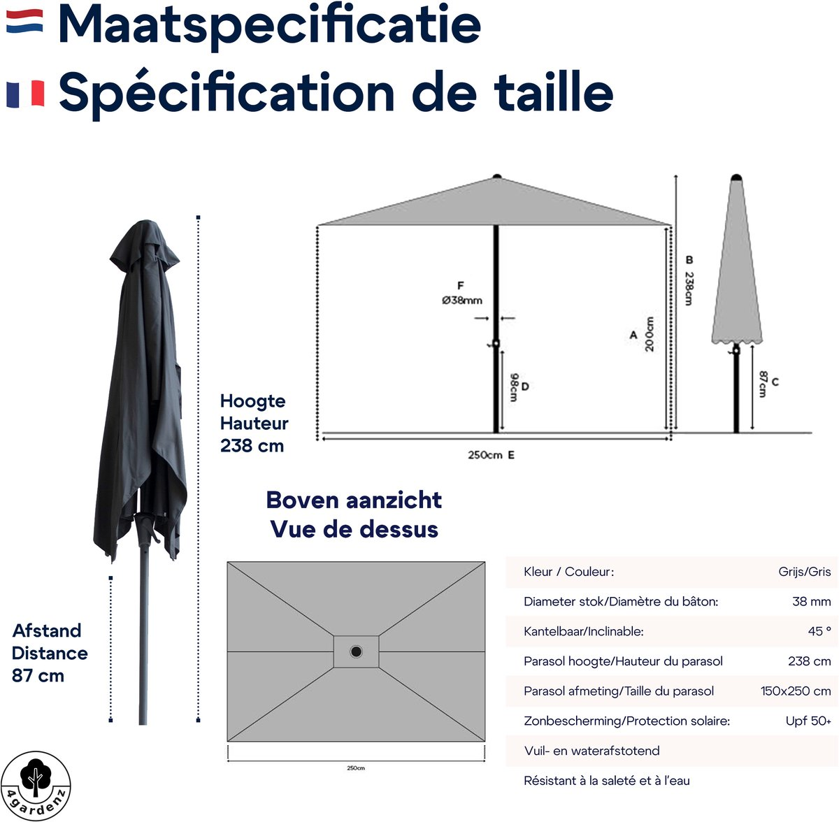 Maatspecificatie parasol 150x250 cm met zij- en bovenaanzicht, NL en FR