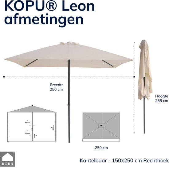 Afmetingen Kopu Leon parasol 150x250 cm rechthoek